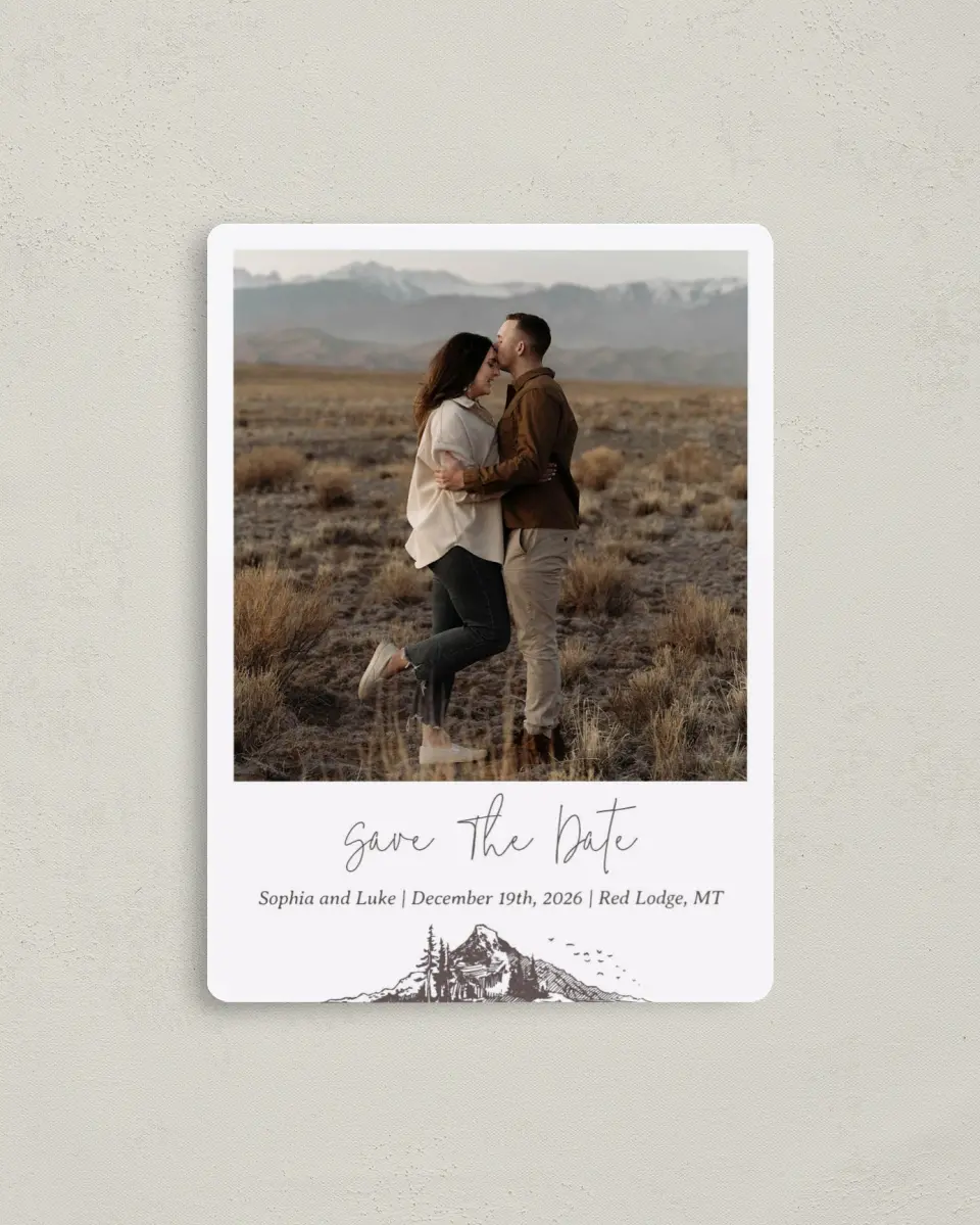 This is a 4" x 5½" Save the Date Magnet called Mountain Bliss printed in full color with a Luxe Satin finish