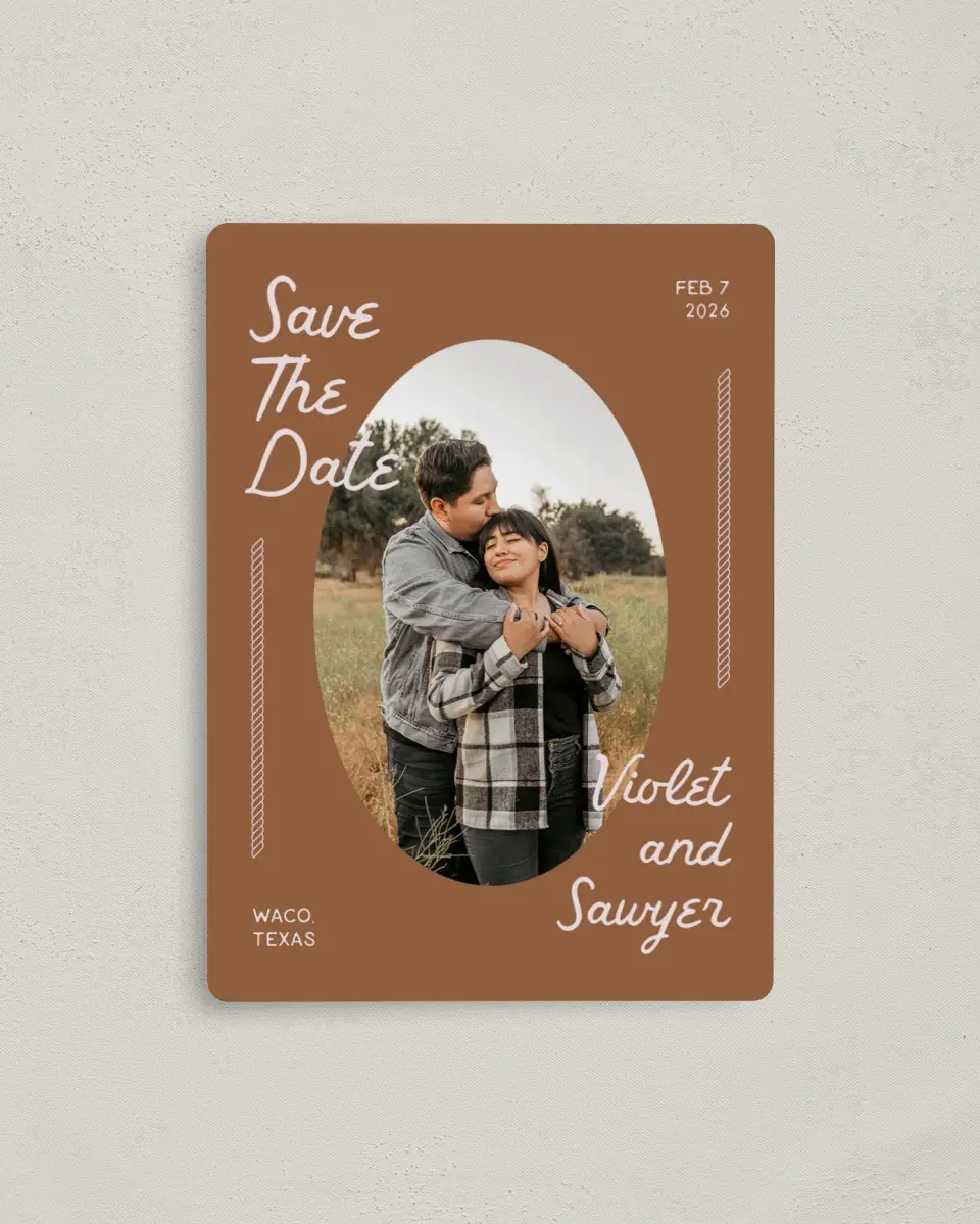 This is a 4" x 5½" Save the Date Magnet called Western Whimsy printed in full color with a Luxe Satin finish