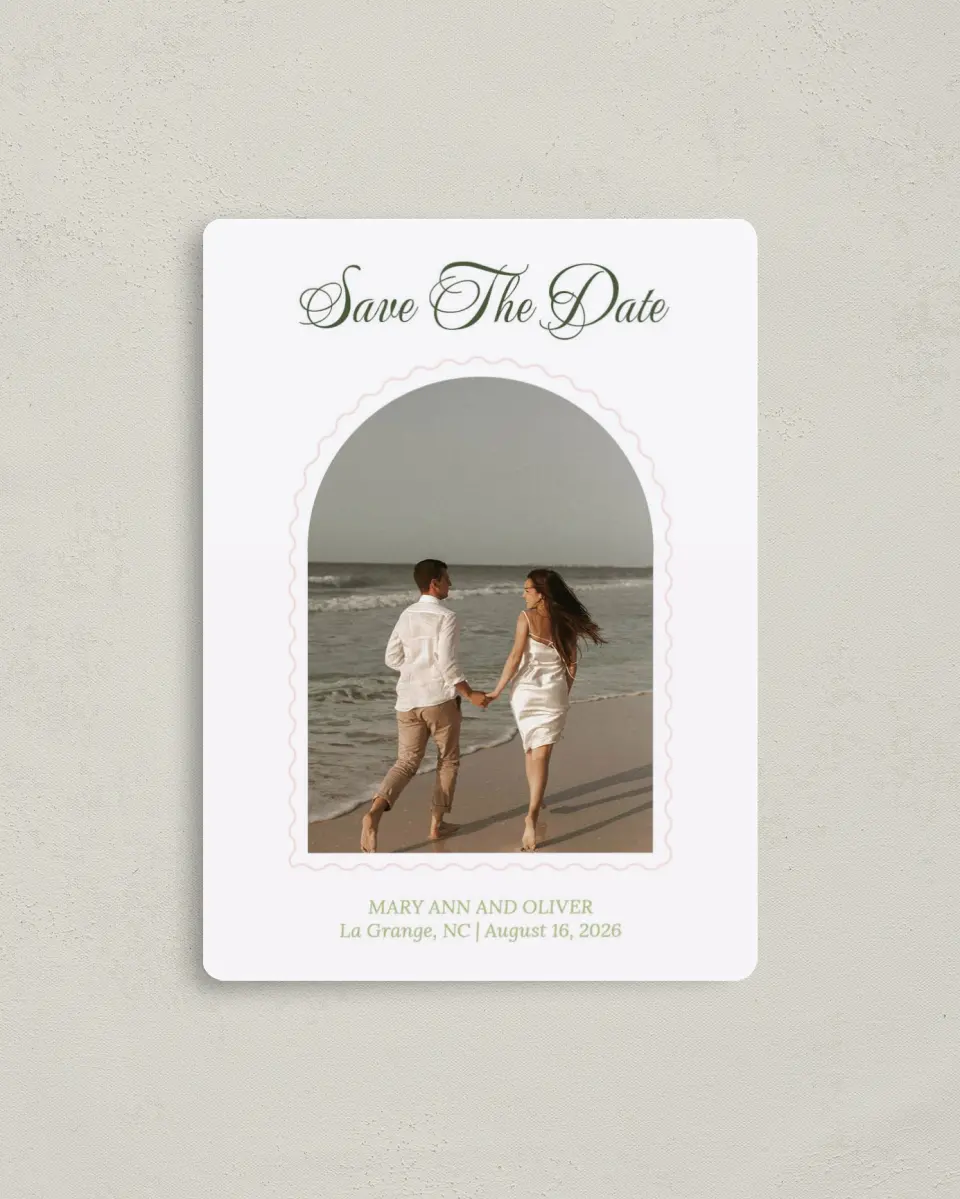 This is a 4" x 5½" Save the Date Magnet called Palm Paradise printed in full color with Silver foil and a Luxe Satin finish
