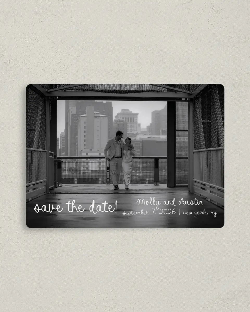 This is a 4" x 5½" Save the Date Magnet called Evergreen Elegance printed in full color with a Luxe Satin finish