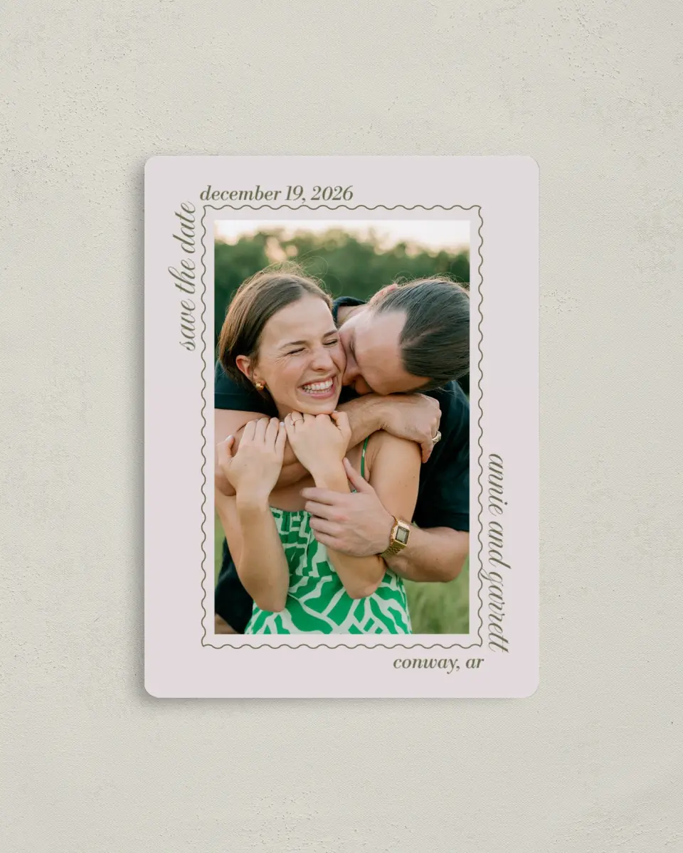 This is a 4" x 5½" Save the Date Magnet called Meadow of Merriment printed in full color with a Luxe Satin finish
