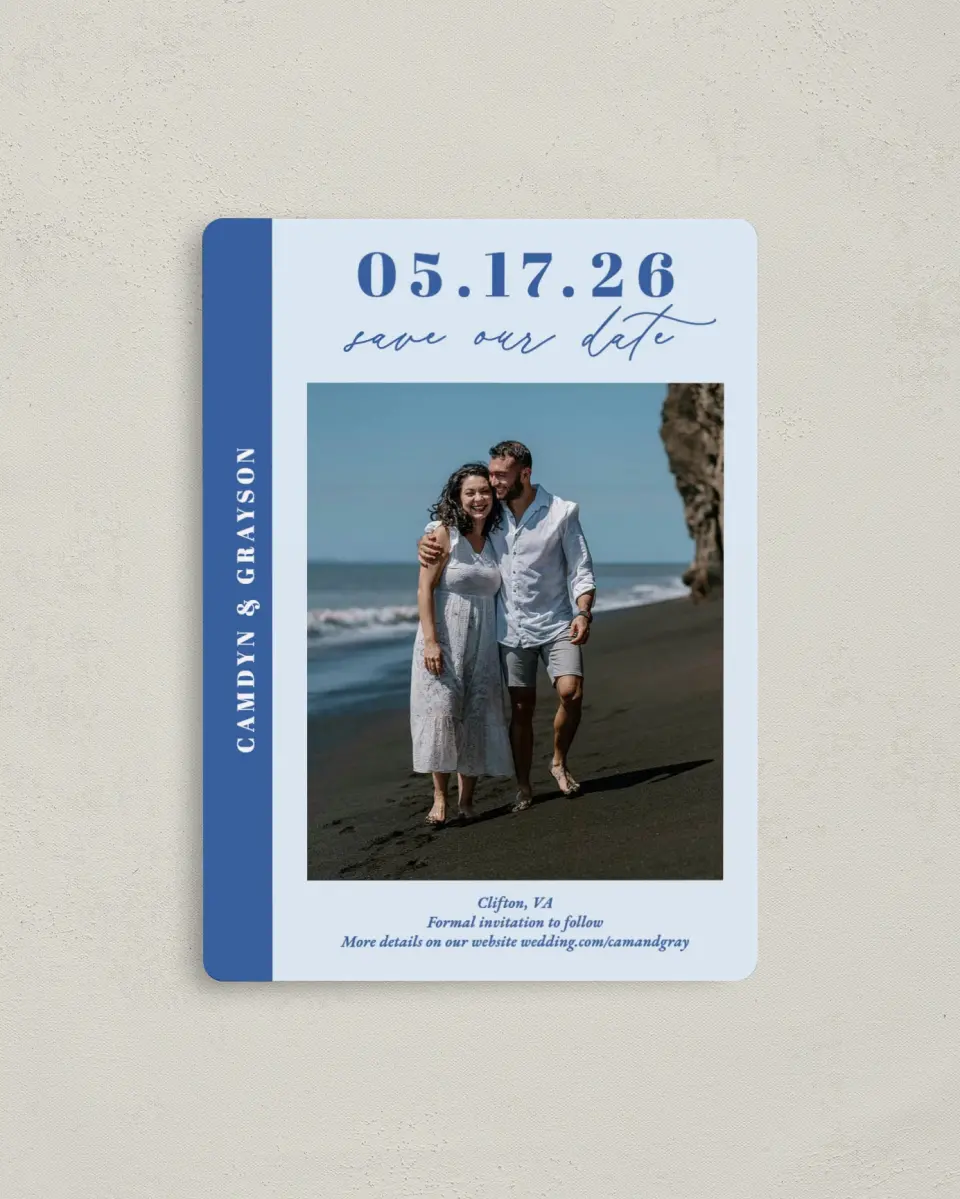 This is a 4" x 5½" Save the Date Magnet called Forever and Ever printed in full color with a Luxe Satin finish