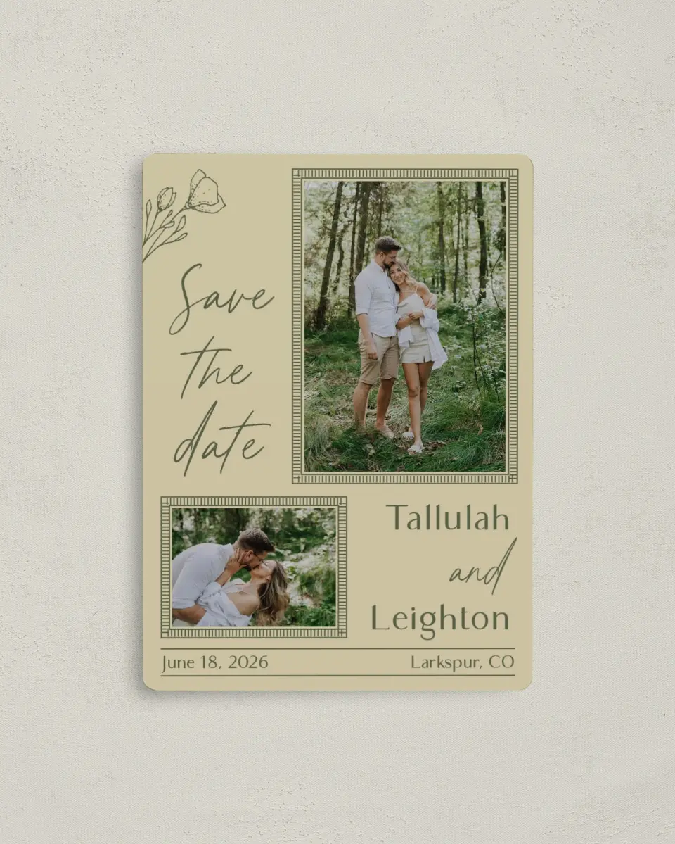 This is a 4" x 5½" Save the Date Magnet called Idyllic Love printed in full color with a Luxe Satin finish