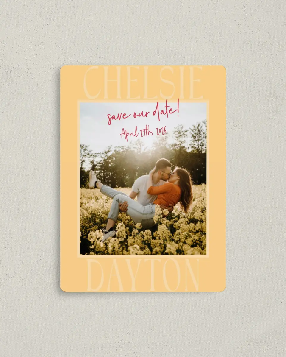 This is a 4" x 5½" Save the Date Magnet called Lovey-Dovey printed in full color with Silver foil and a Luxe Satin finish