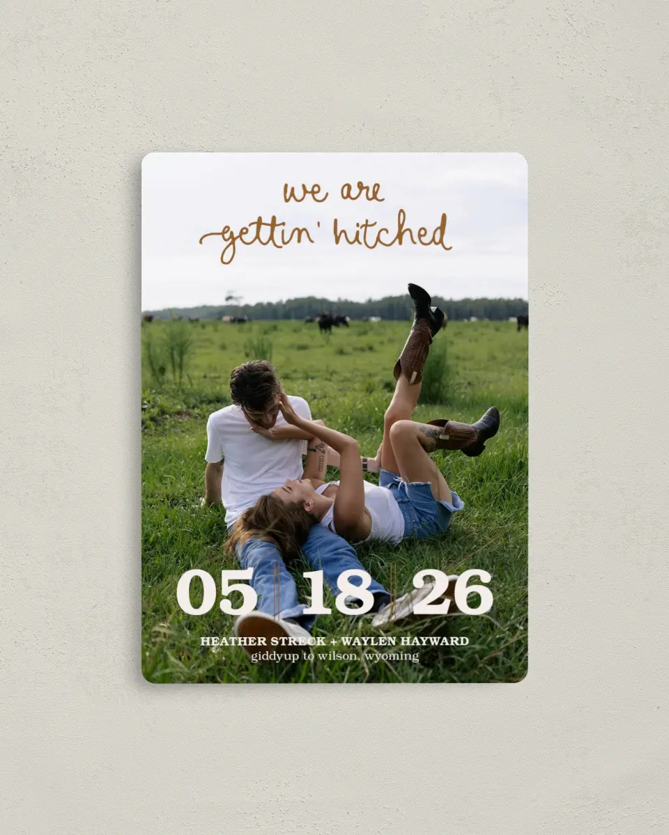 This is a 4" x 5½" Save the Date Magnet called Head Over Boots printed in full color with a Luxe Satin finish