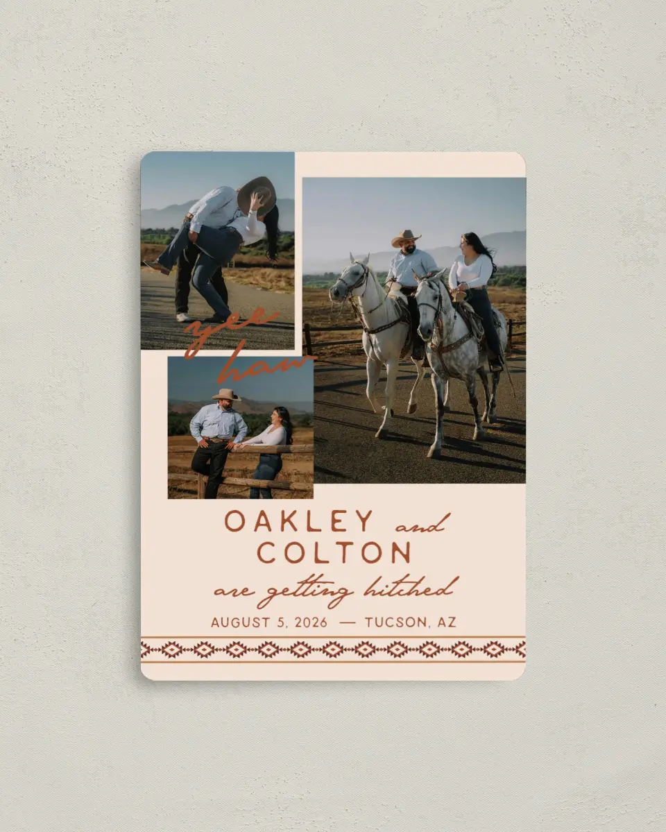 This is a 4" x 5½" Save the Date Magnet called Wild at Heart printed in full color with a Luxe Satin finish