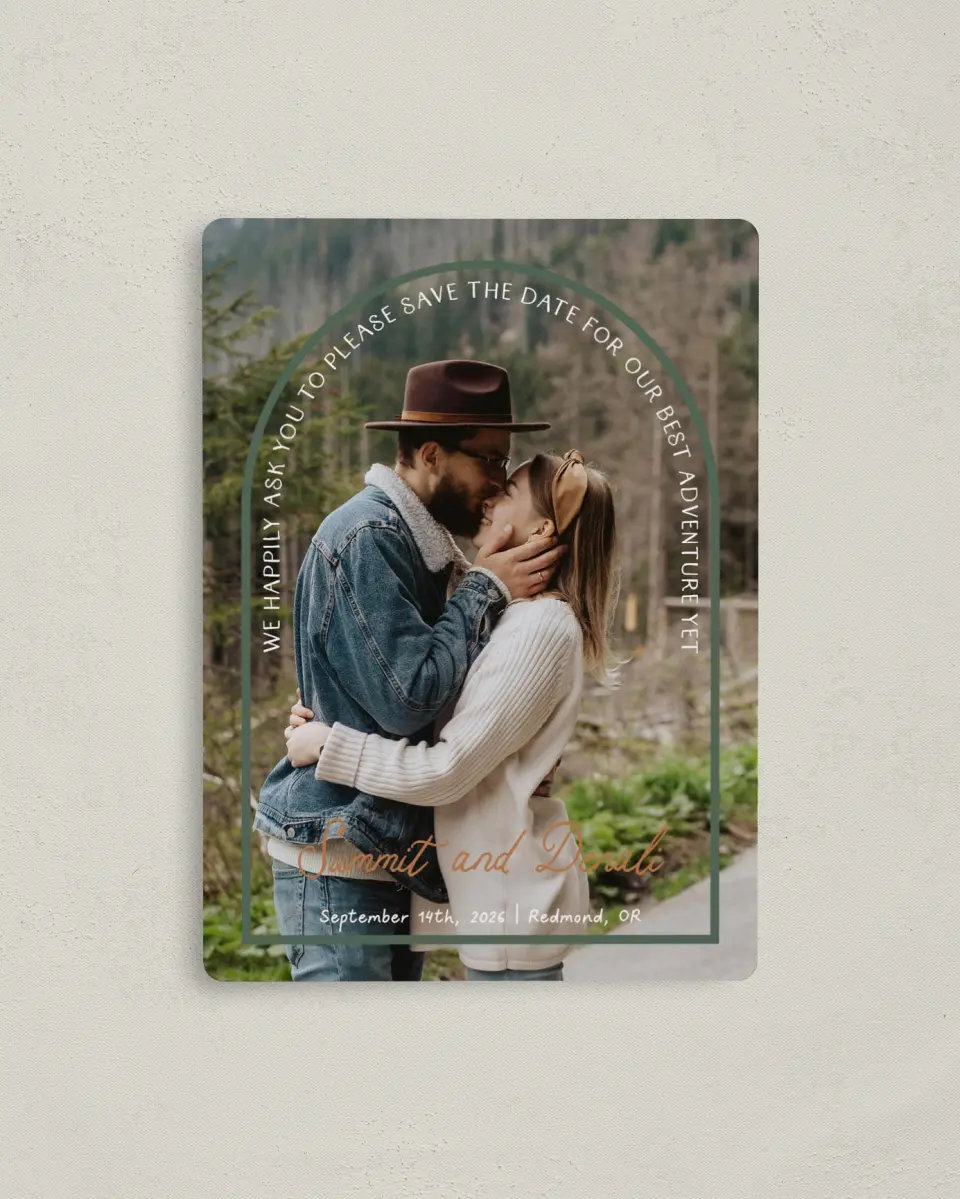 This is a 4" x 5½" Save the Date Magnet called Elevated Adventures printed in full color with a Luxe Satin finish
