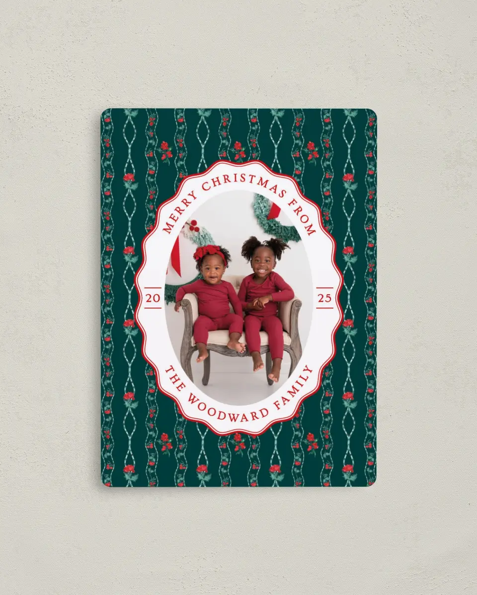 This is a 4" x 5½" Christmas Card called Vintage Tidings printed in full color with a Luxe Satin finish