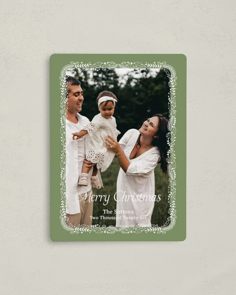 This is a 4" x 5½" Christmas Card called Wrapped in Wreaths printed in full color with a Luxe Satin finish