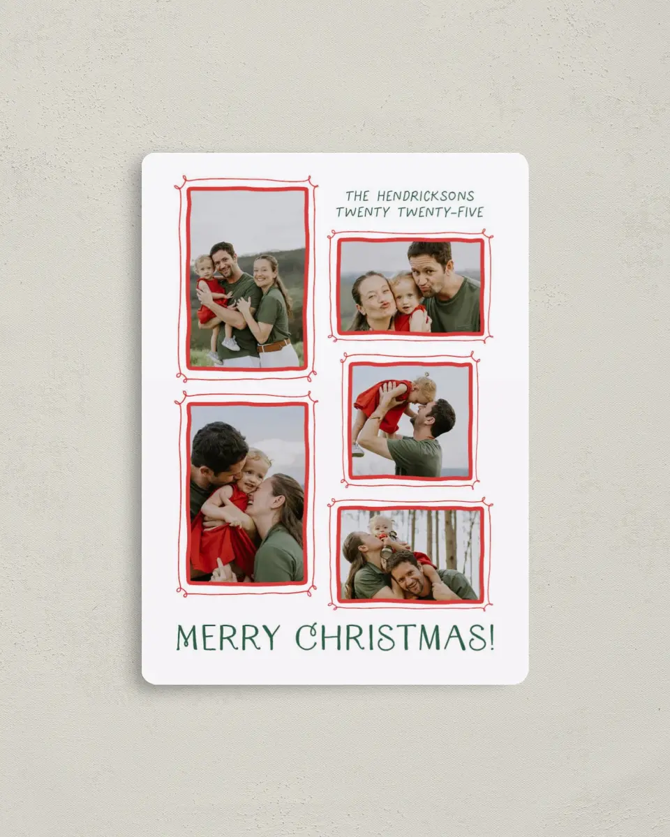 This is a 4" x 5½" Christmas Card called Christmas Collage printed in full color with Gold foil and a Luxe Satin finish