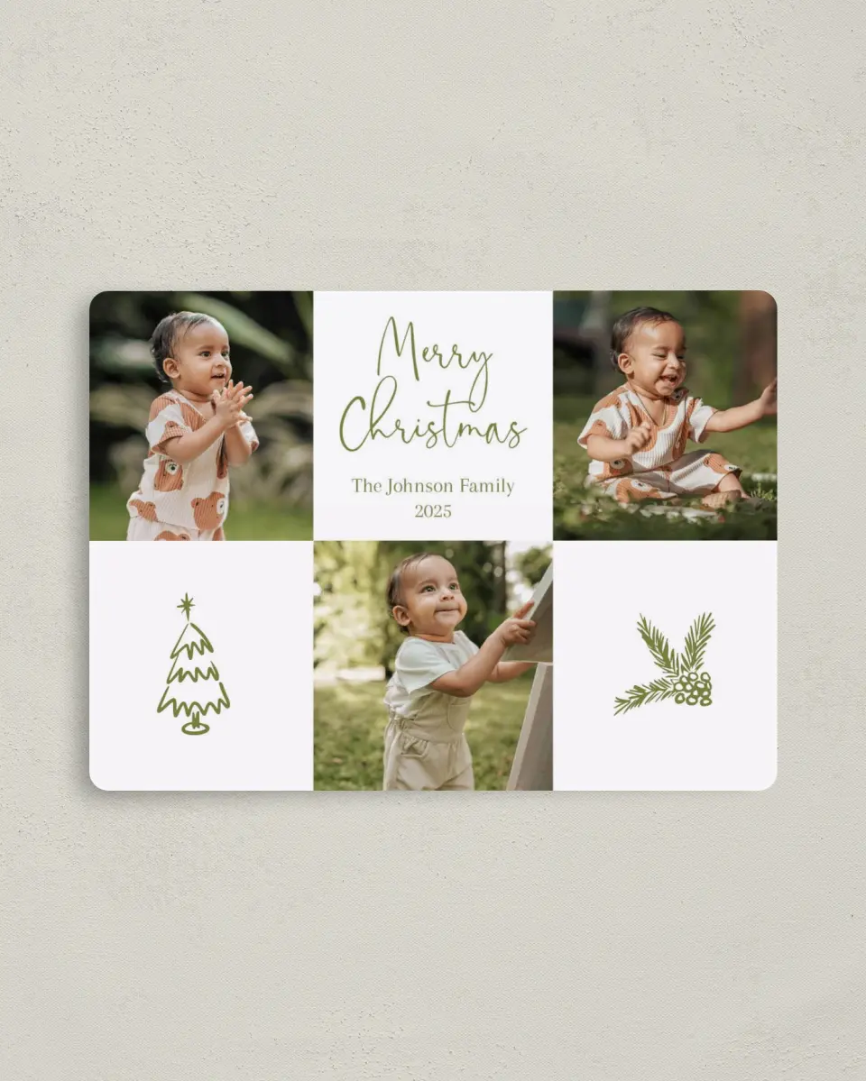 This is a 4" x 5½" Christmas Card called Picture Blocks printed in full color with Gold foil and a Luxe Satin finish