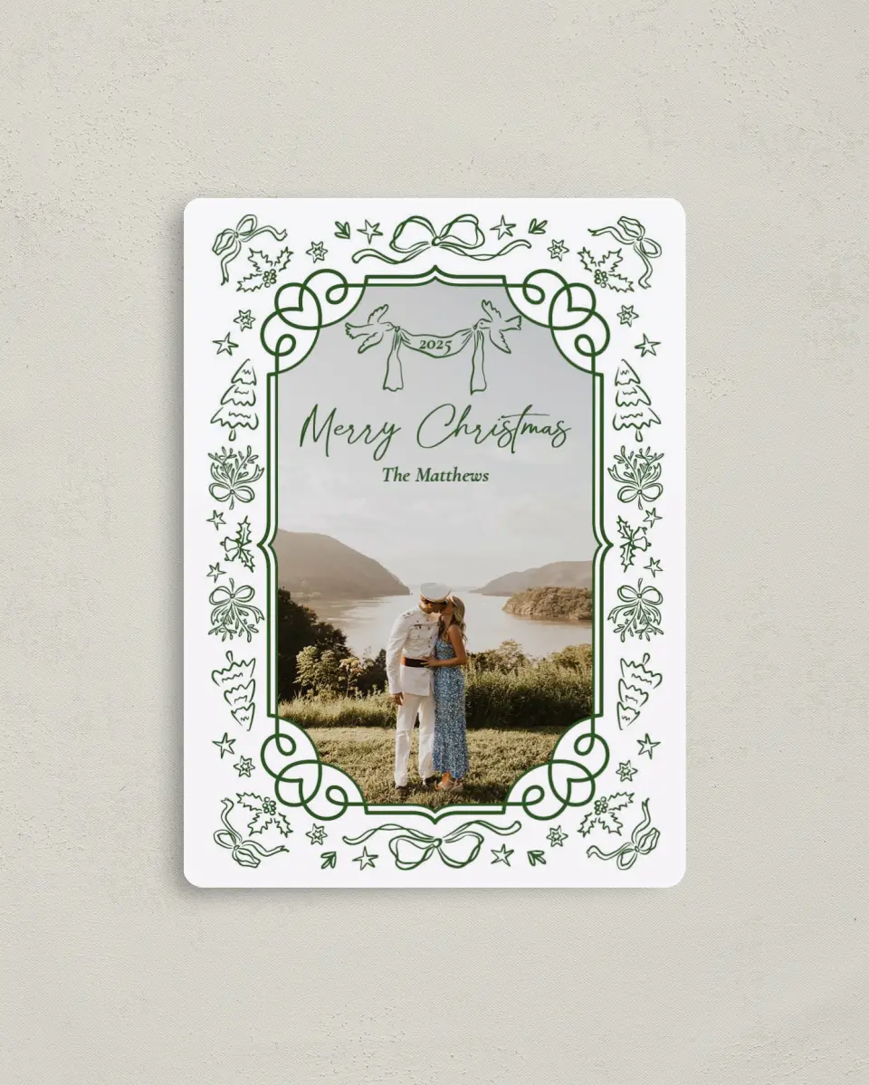 This is a 4" x 5½" Christmas Card called Whimsy & Wonder printed in full color with Gold foil and a Luxe Satin finish