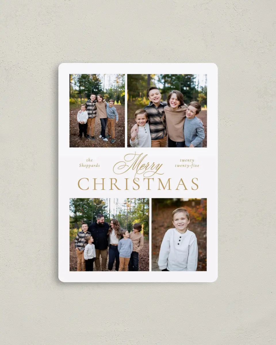 This is a 4" x 5½" Christmas Card called Classy Christmas printed in full color with Gold foil and a Luxe Satin finish