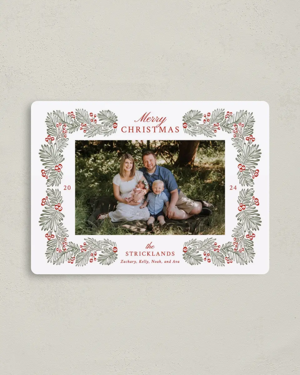 This is a 4" x 5½" Magnetic Christmas Card called Timeless Tidings printed in full color with a Luxe Satin finish
