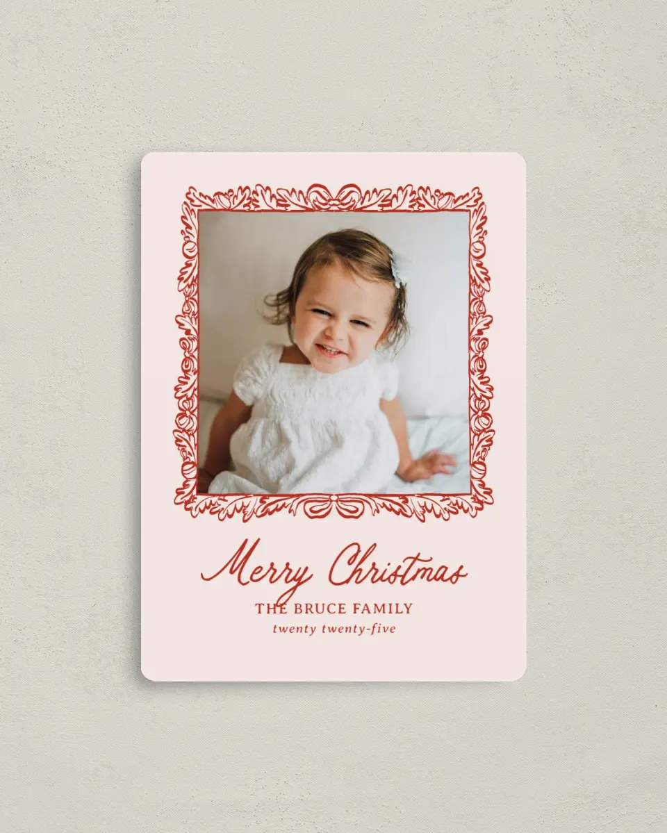 This is a 4" x 5½" Christmas Card called Darling Frame printed in full color with Gold foil and a Luxe Satin finish