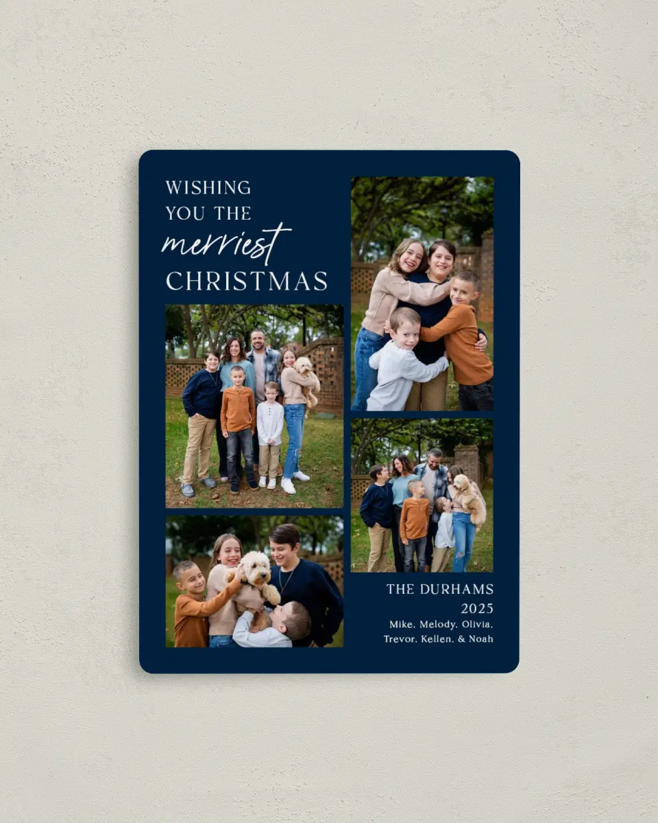 This is a 4" x 5½" Christmas Card called Happiest Moments printed in full color with a Luxe Satin finish