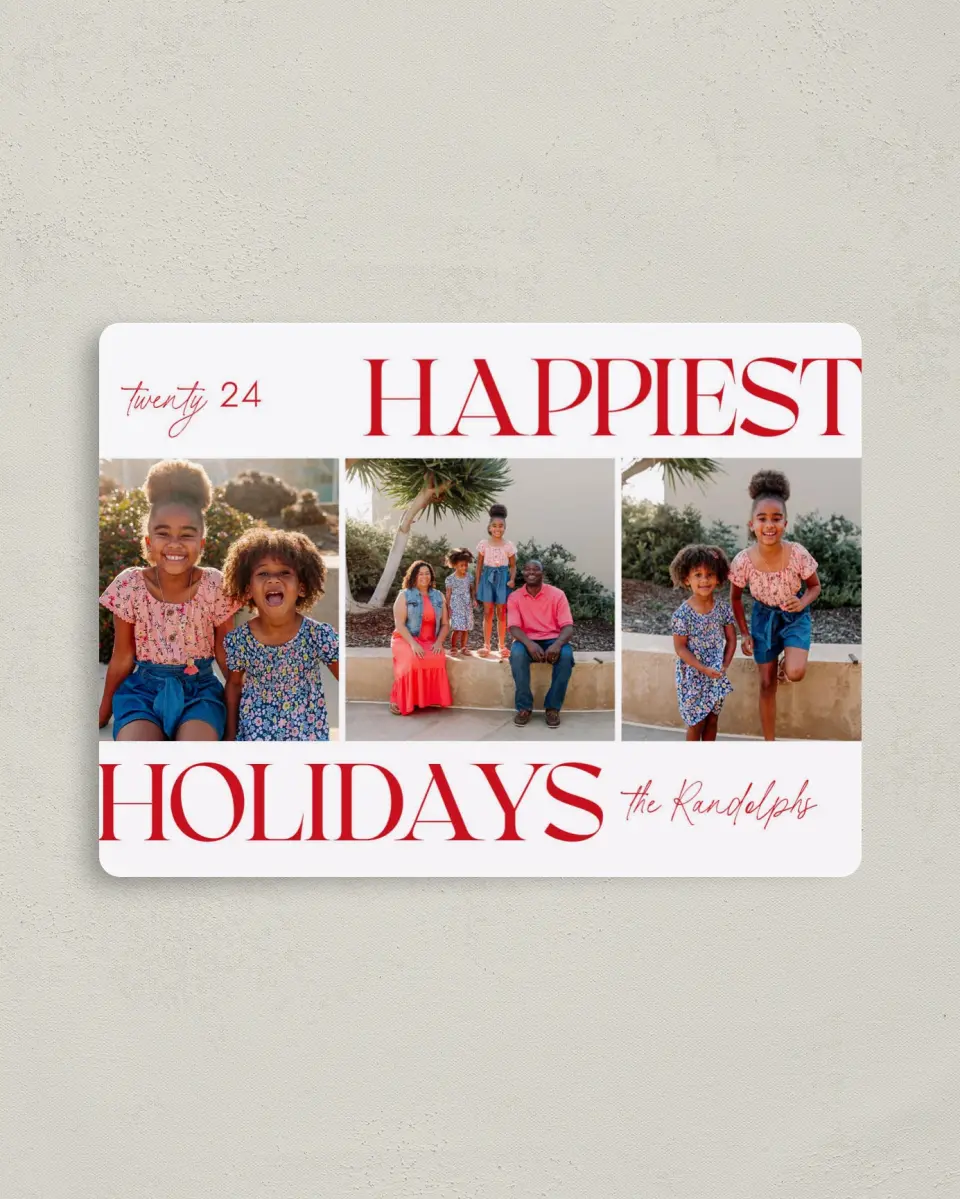 This is a 4" x 5½" Magnetic Christmas Card called Holiday Headliner printed in full color with Gold foil and a Luxe Satin finish