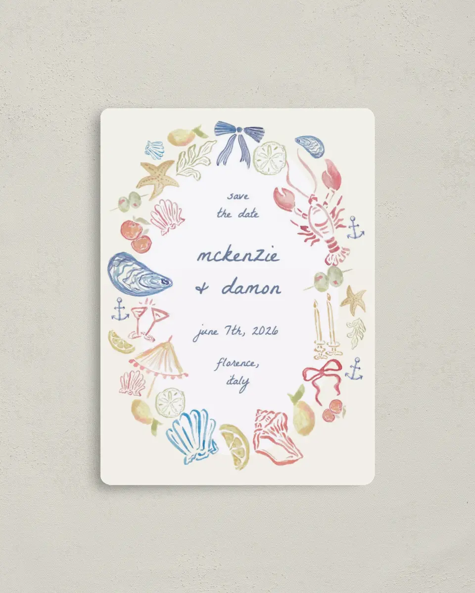 This is a 4" x 5½" Save the Date Magnet called Positano Daydream printed in full color with a Luxe Satin finish