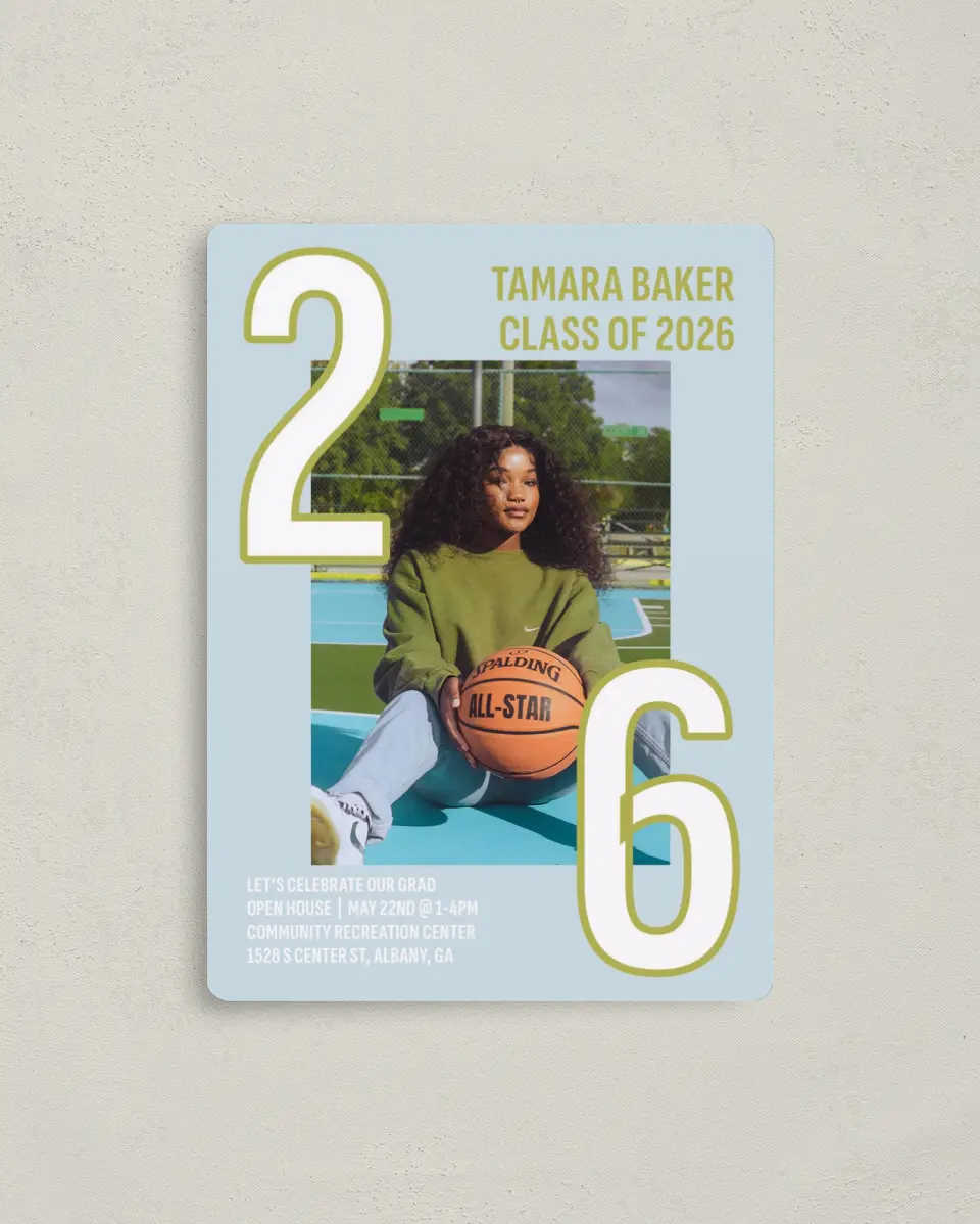 This is a 4" x 5½" Graduation Announcement Magnet called Big Grad Energy printed in full color with Gold foil and a Luxe Satin finish