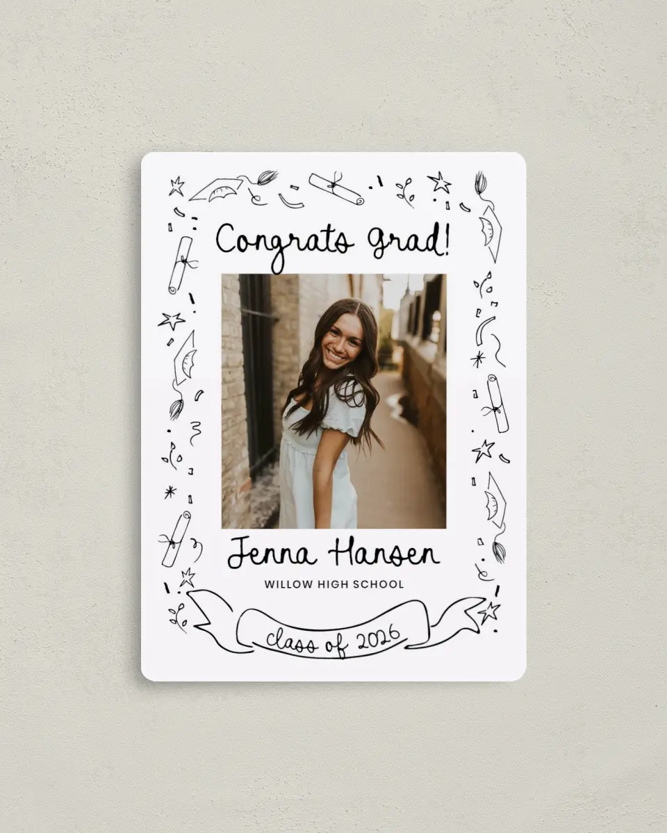 This is a 4" x 5½" Graduation Announcement Magnet called Handwritten Grad printed in full color with a Luxe Satin finish