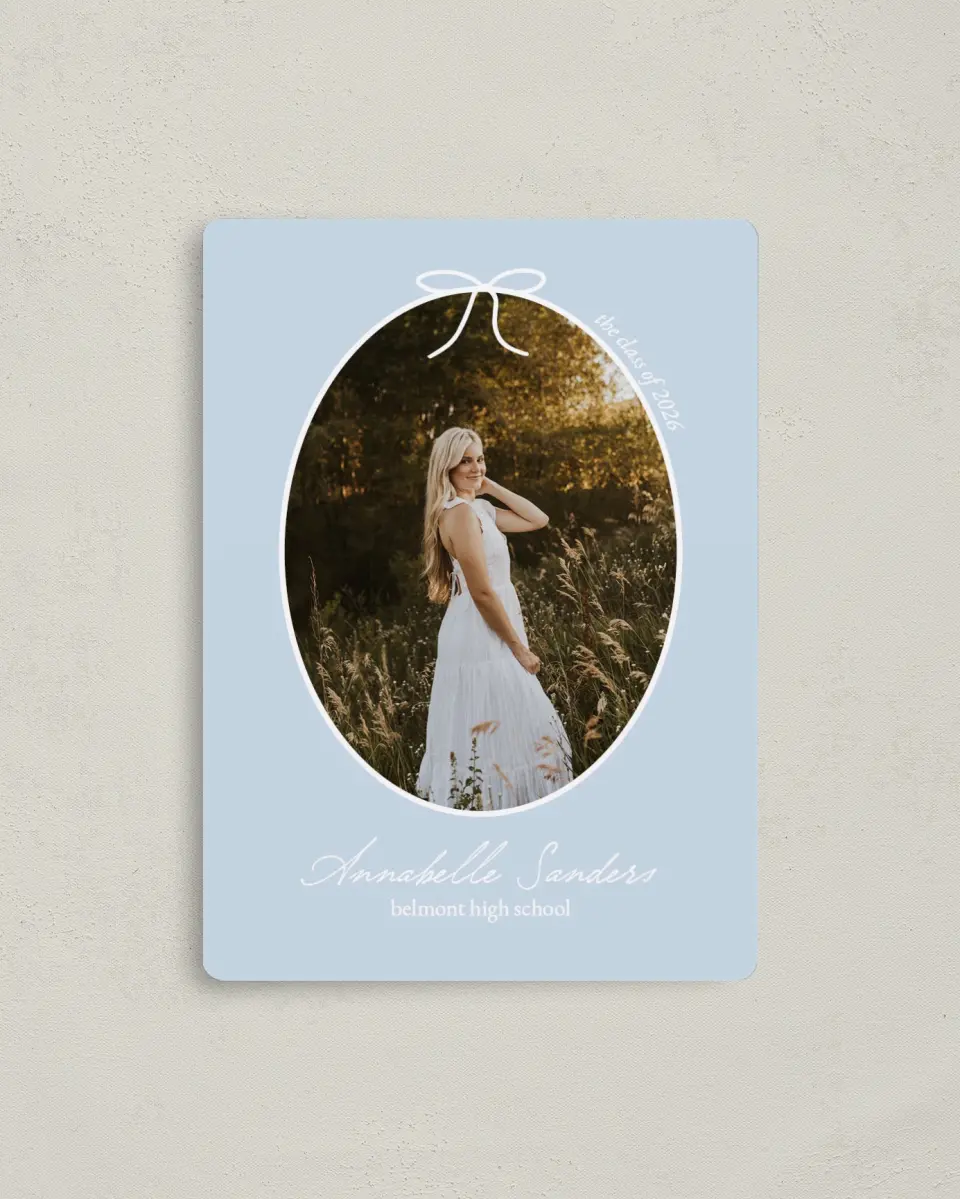 This is a 4" x 5½" Graduation Announcement Magnet called Future Tied printed in full color with a Luxe Satin finish