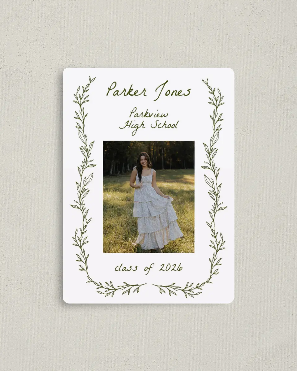 This is a 4" x 5½" Graduation Announcement Magnet called Flourish & Thrive printed in full color with a Luxe Satin finish