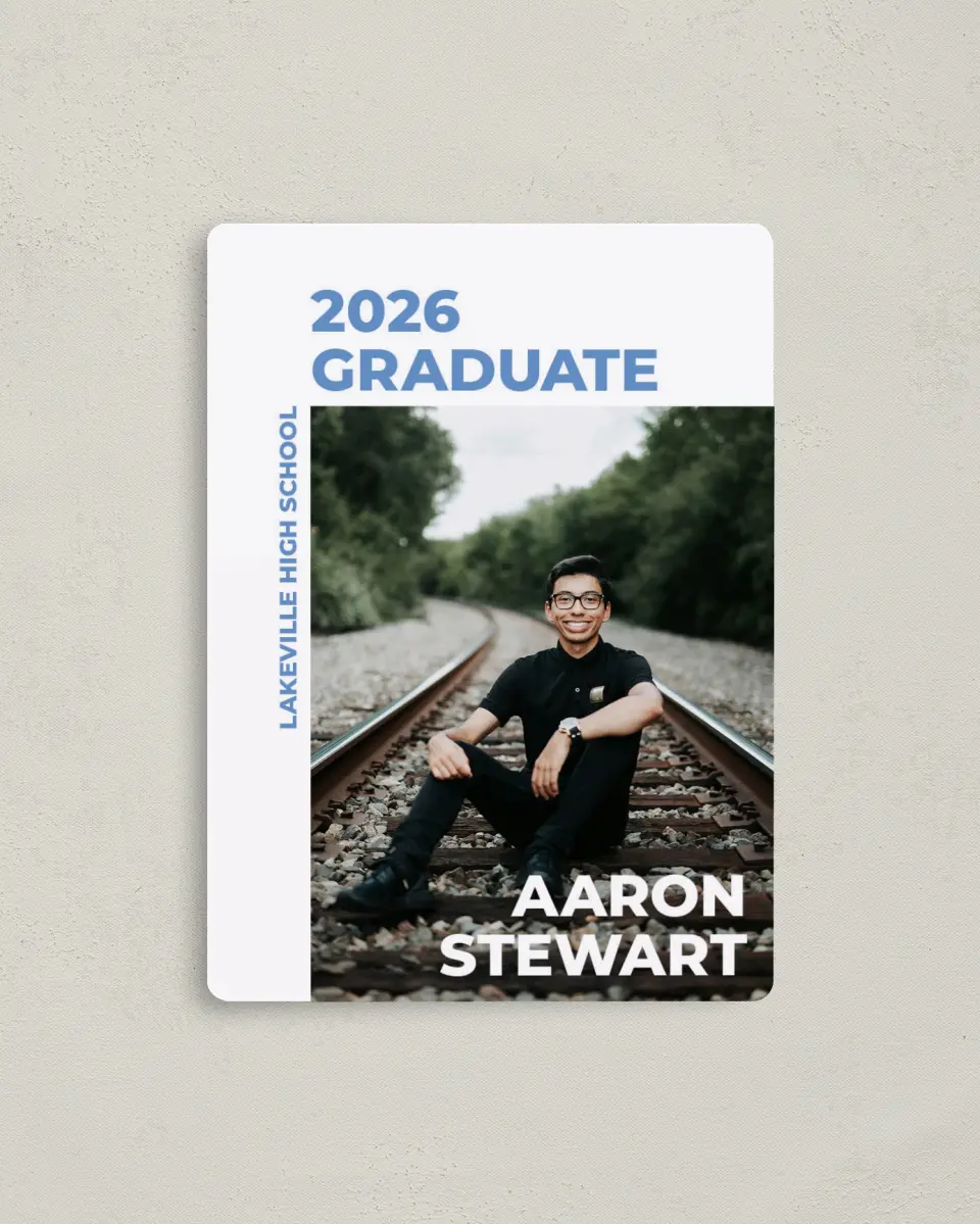 This is a 4" x 5½" Graduation Announcement Magnet called Bright Beginnings printed in full color with a Luxe Satin finish