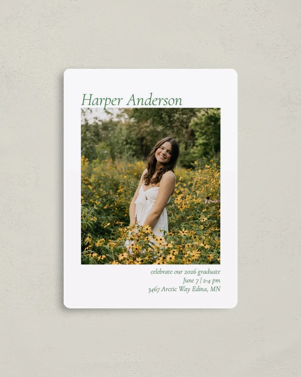 This is a 4" x 5½" Graduation Announcement Magnet called Our Grad printed in full color with a Luxe Satin finish