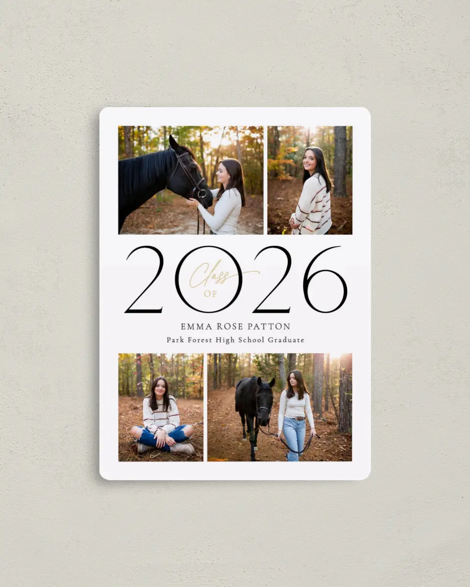This is a 4" x 5½" Graduation Announcement Magnet called Brilliant Year printed in full color with a Luxe Satin finish