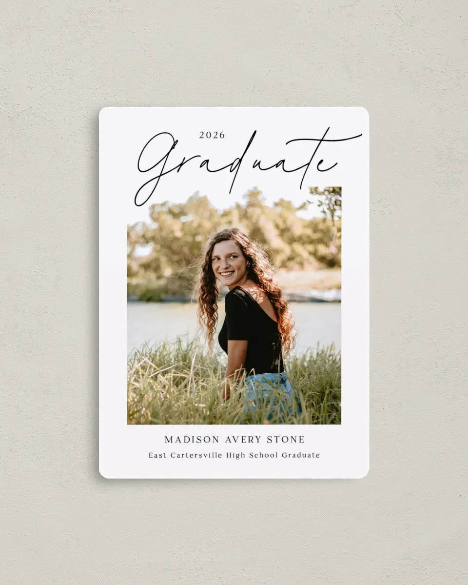 This is a 4" x 5½" Graduation Announcement Magnet called Top of Class printed in full color with Gold foil and a Luxe Satin finish