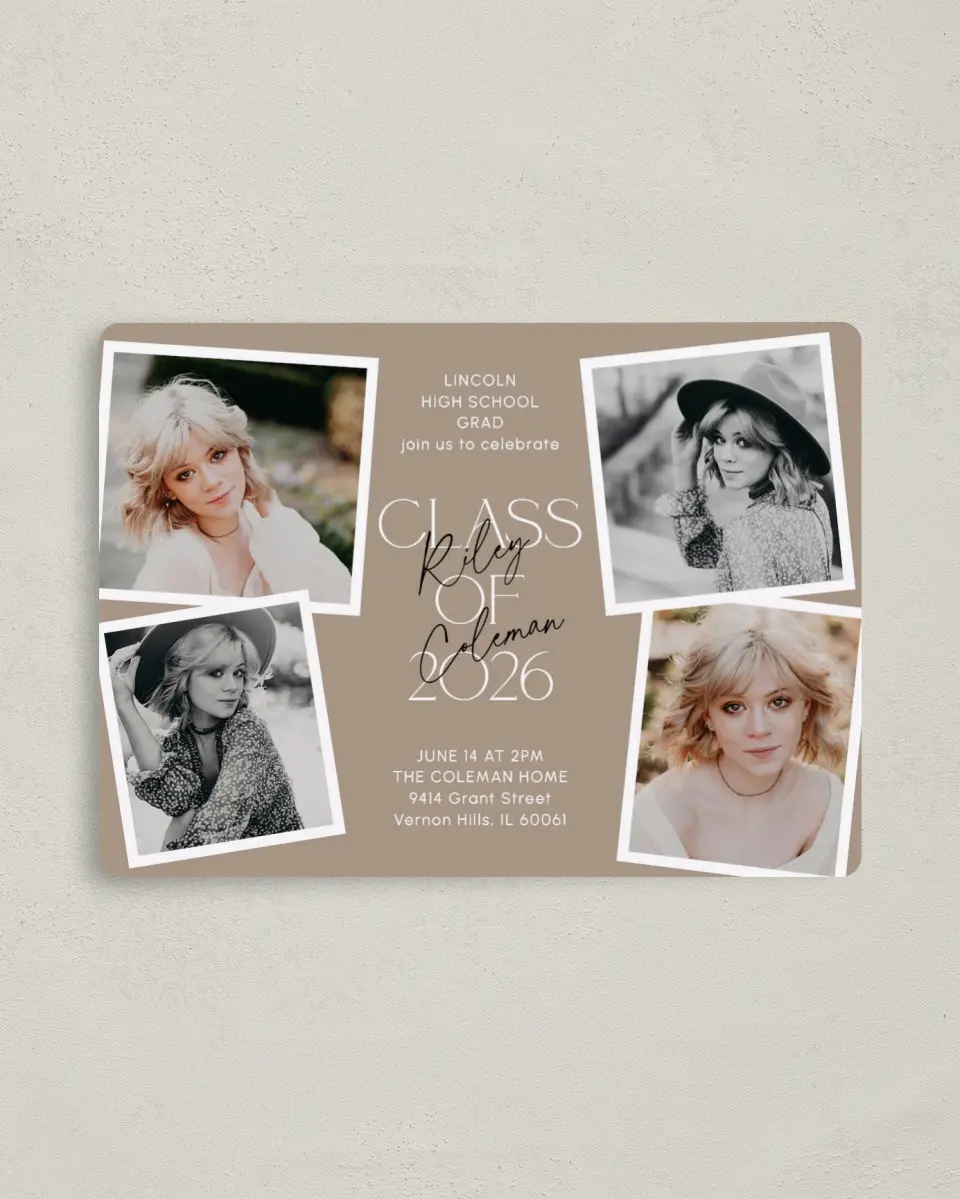 This is a 4" x 5½" Graduation Announcement Magnet called Layered Snapshots printed in full color with a Luxe Satin finish