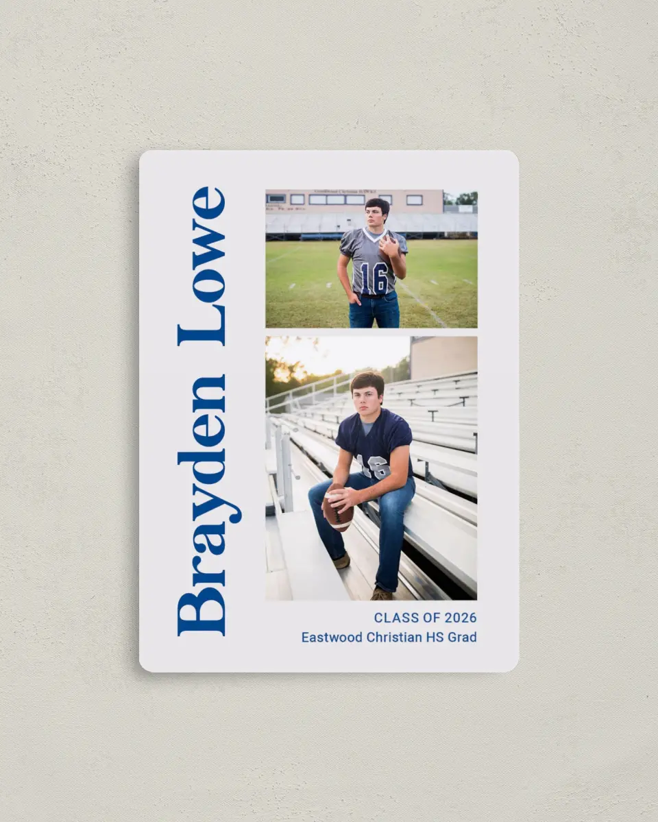 This is a 4" x 5½" Graduation Announcement Magnet called Side of Success printed in full color with a Luxe Satin finish