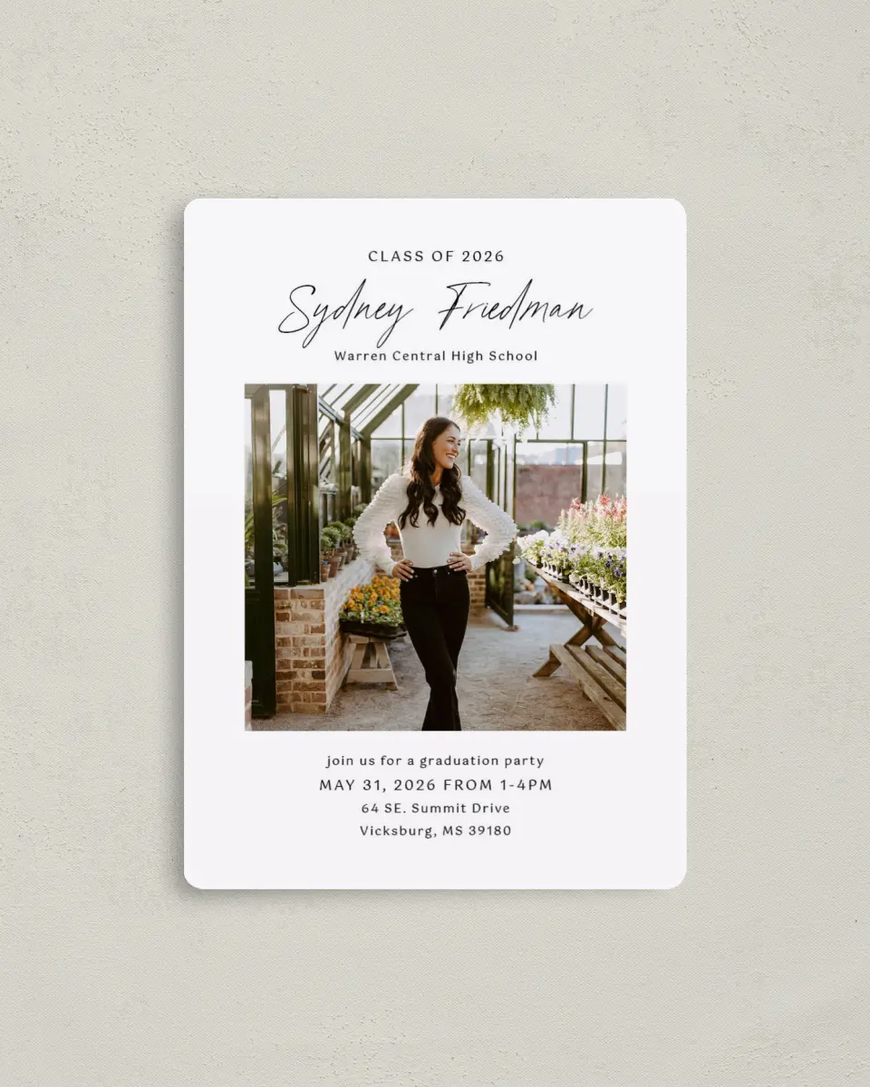 This is a 4" x 5½" Graduation Announcement Magnet called Timeless Graduate printed in full color with a Luxe Satin finish