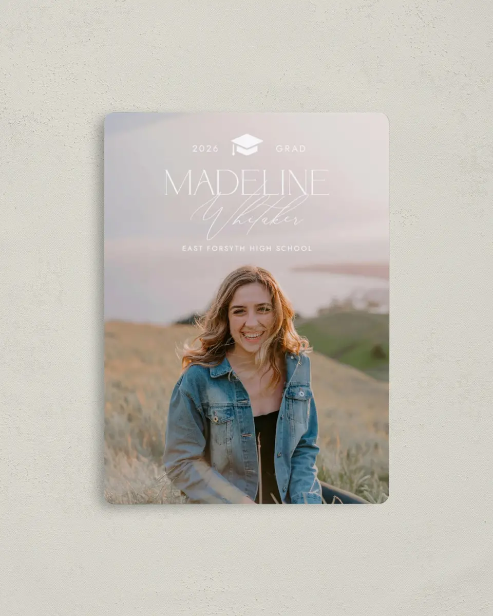 This is a 4" x 5½" Graduation Announcement Magnet called Crowning Moment printed in full color with a Luxe Satin finish