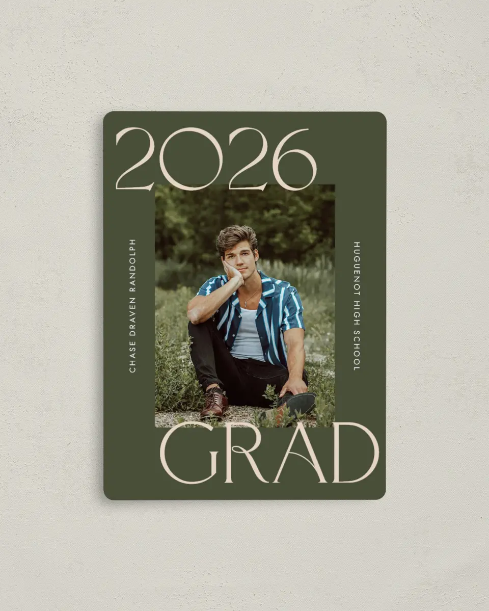 This is a 4" x 5½" Graduation Announcement Magnet called Grand Year printed in full color with a Luxe Satin finish