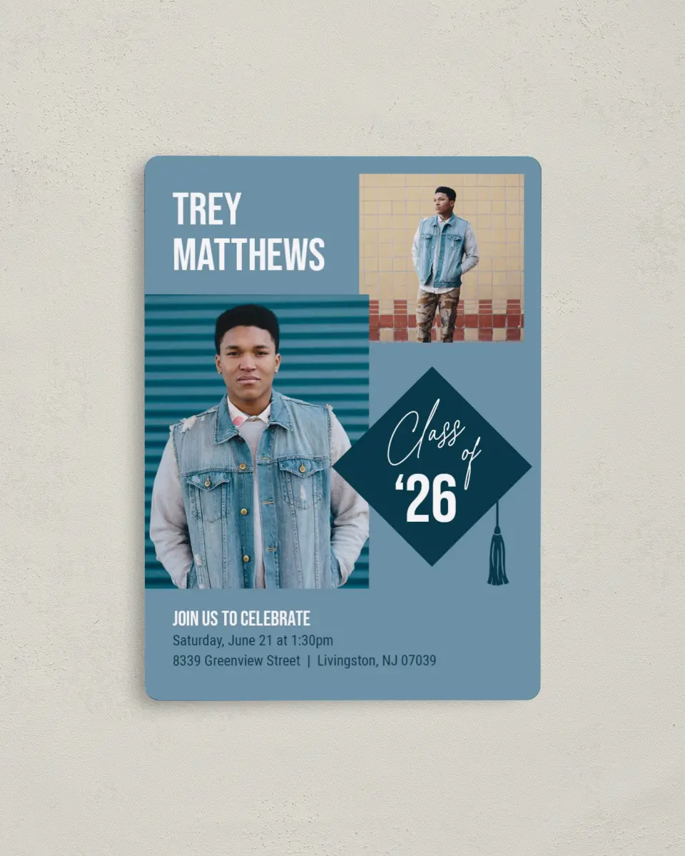 This is a 4" x 5½" Graduation Announcement Magnet called Scholarly Style printed in full color with a Luxe Satin finish