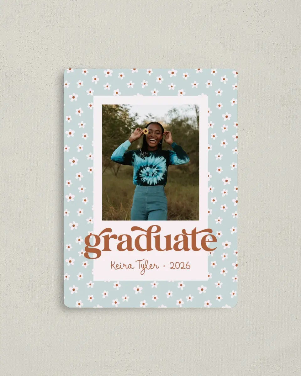 This is a 4" x 5½" Graduation Announcement Magnet called Demure Daisies printed in full color with a Luxe Satin finish