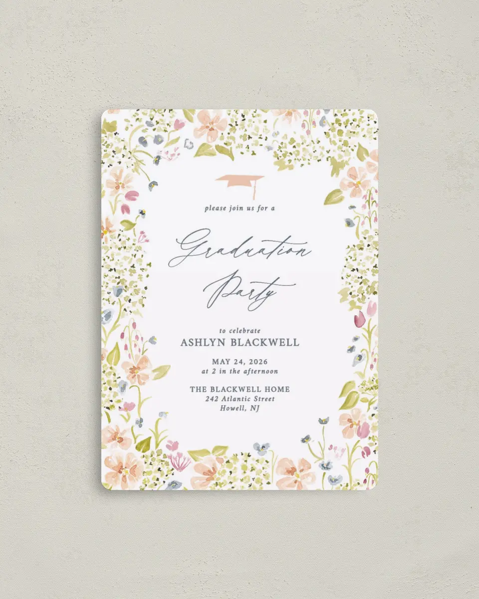 This is a 4" x 5½" Graduation Announcement Magnet called Blooming Bright printed in full color with a Luxe Satin finish