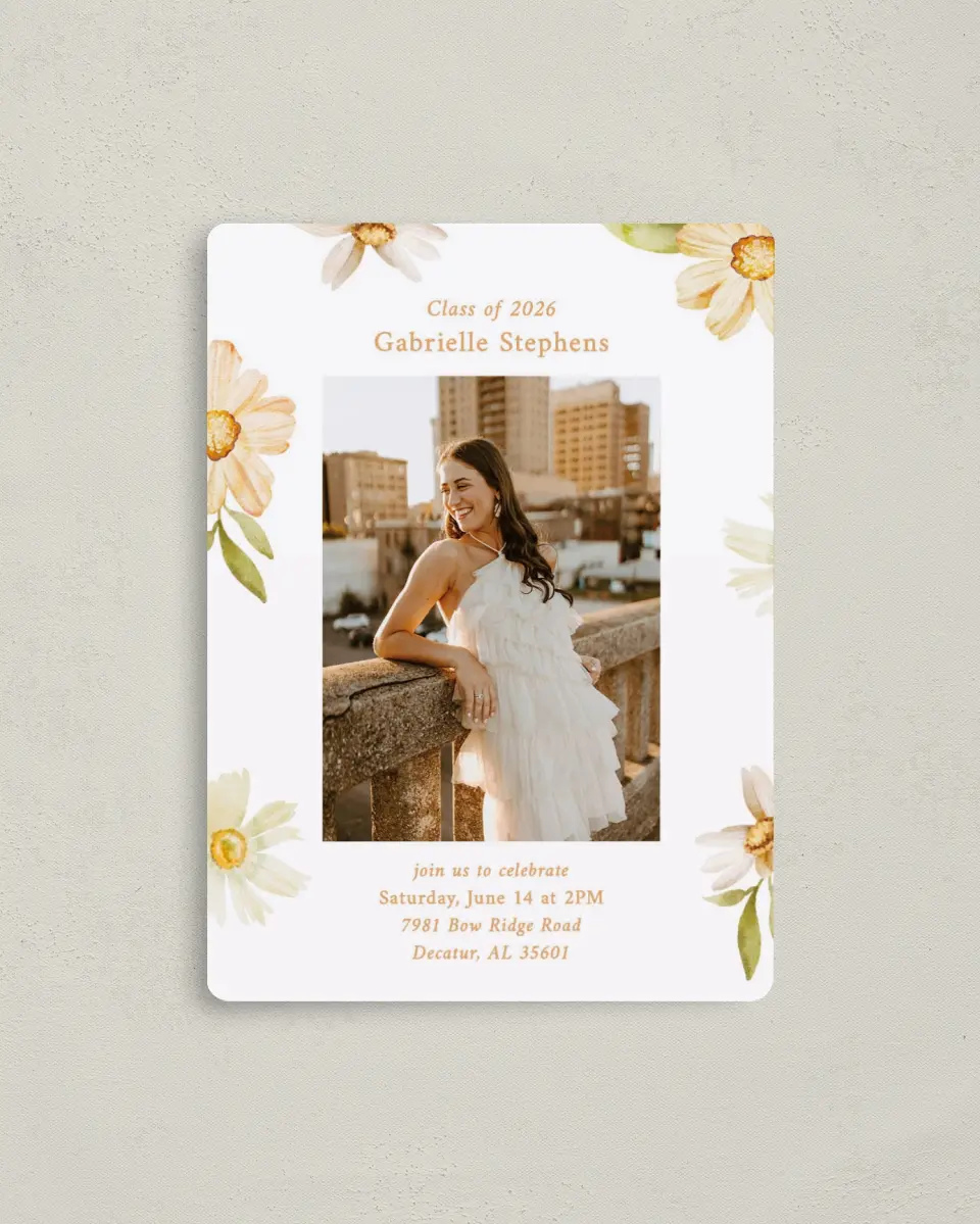 This is a 4" x 5½" Graduation Announcement Magnet called Sunny Blooms printed in full color with a Luxe Satin finish
