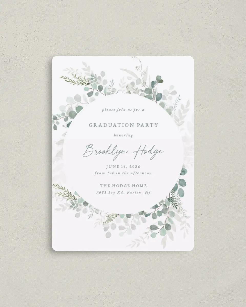 This is a 4" x 5½" Graduation Announcement Magnet called Grad Greenery printed in full color with a Luxe Satin finish