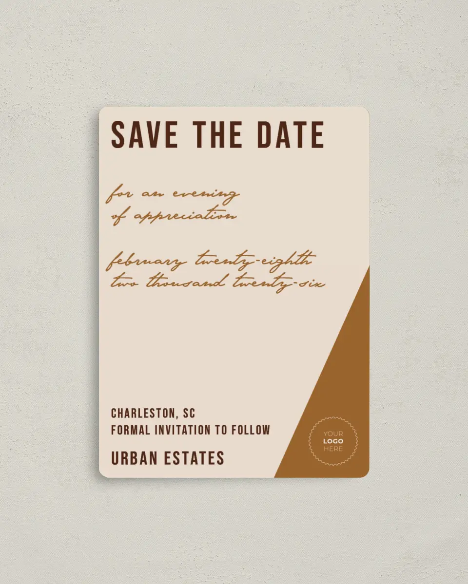 This is a 4" x 5½" Gala Save the Date Magnet called Urban Essence printed in full color with a Luxe Satin finish