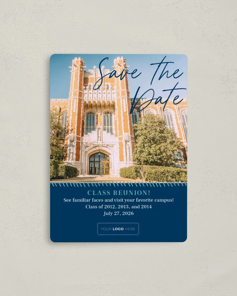 This is a 4" x 5½" Gala Save the Date Magnet called Spirited Academics printed in full color with a Luxe Satin finish