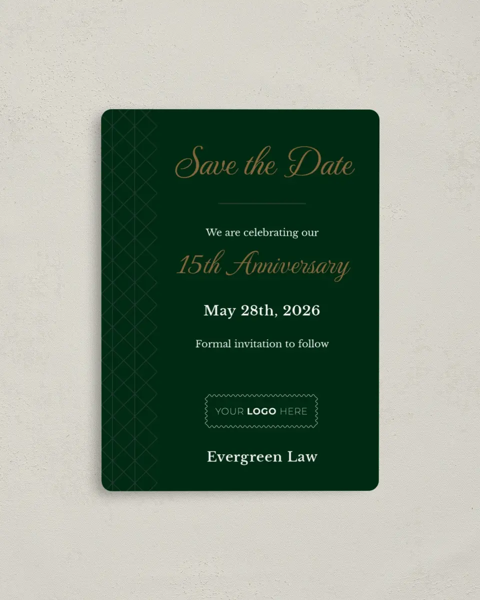 This is a 4" x 5½" Gala Save the Date Magnet called Enduring Evergreen printed in full color with a Luxe Satin finish