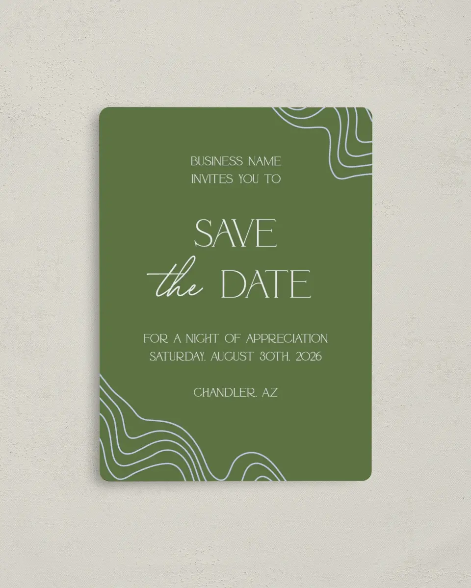 This is a 4" x 5½" Gala Save the Date Magnet called Contoured Connection printed in full color with a Luxe Satin finish
