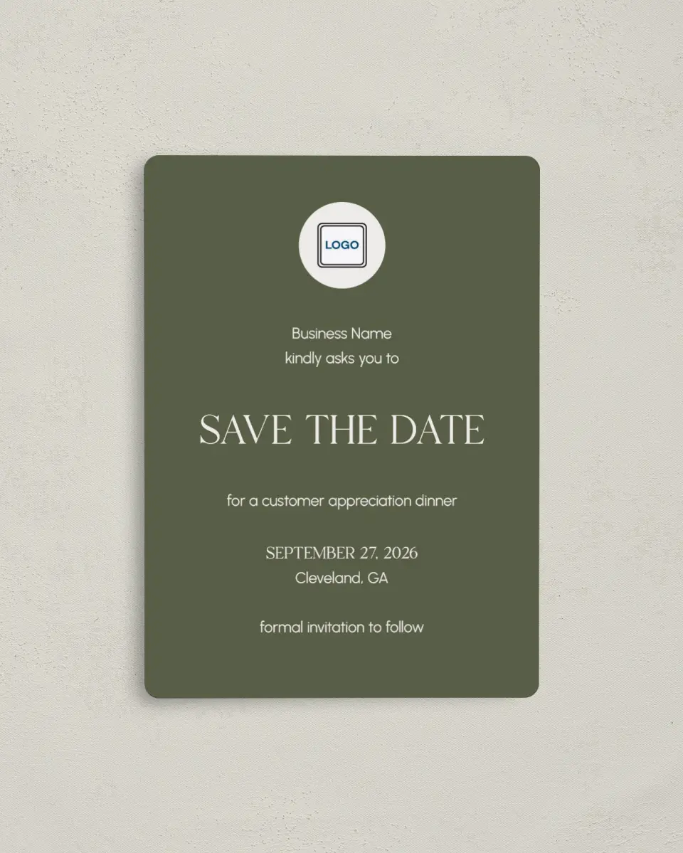 This is a 4" x 5½" Gala Save the Date Magnet called Refined Approach printed in full color with a Luxe Satin finish