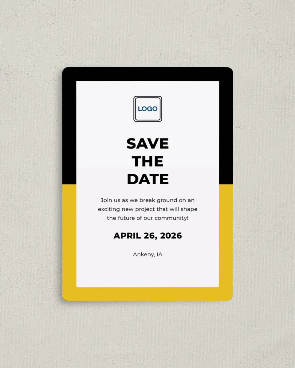 This is a 4" x 5½" Gala Save the Date Magnet called Bold Framework printed in full color with a Luxe Satin finish