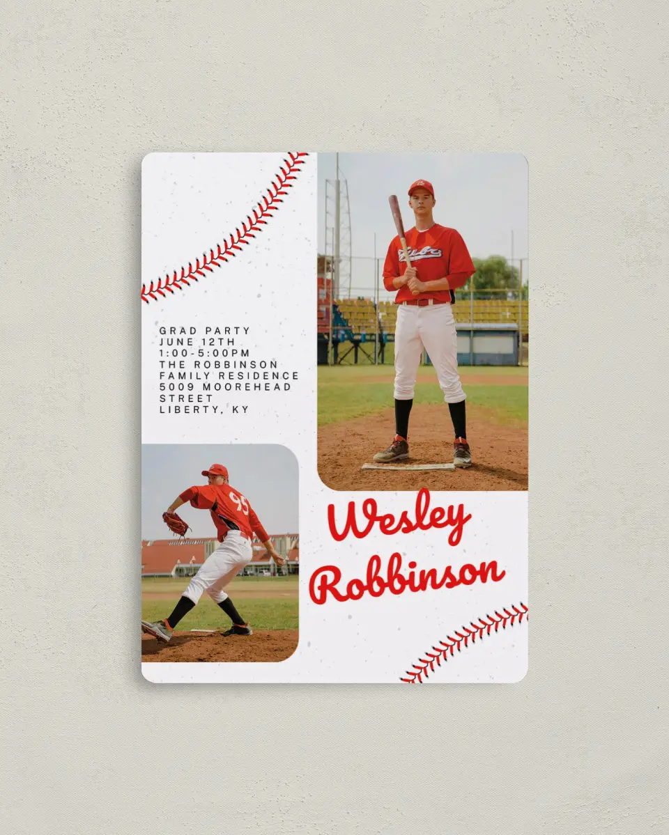 This is a 4" x 5½" Graduation Announcement Magnet called Homerun Hero printed in full color with a Luxe Satin finish