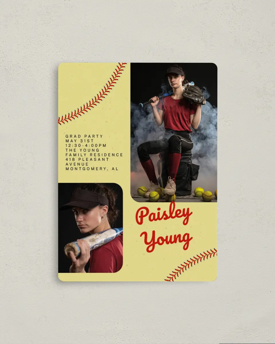This is a 4" x 5½" Graduation Announcement Magnet called Softball Slugger printed in full color with a Luxe Satin finish