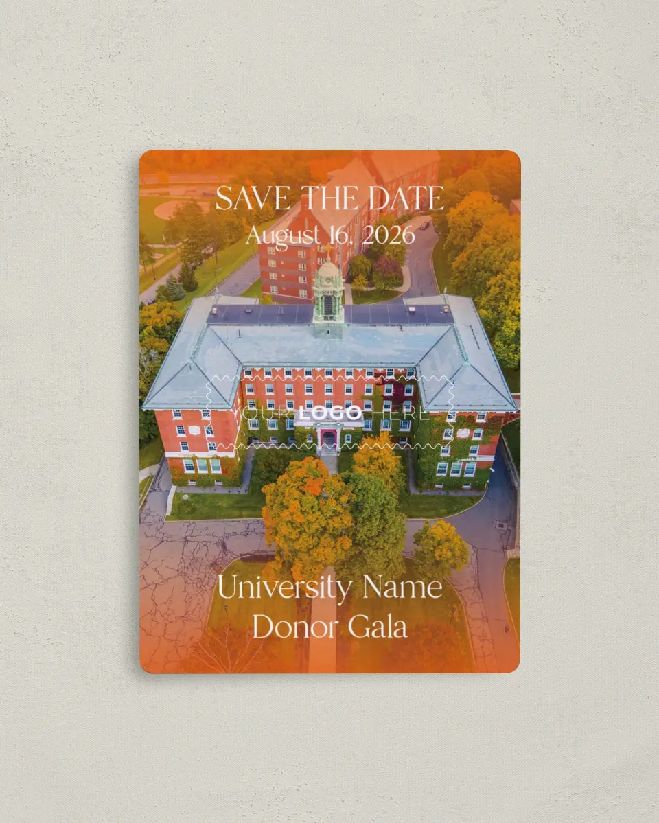 This is a 4" x 5½" Gala Save the Date Magnet called Scholarly Soirée printed in full color with a Luxe Satin finish