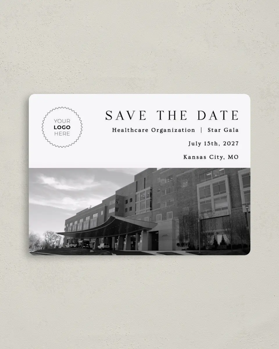 This is a 4" x 5½" Gala Save the Date Magnet called Starlight Gala printed in full color with a Luxe Satin finish